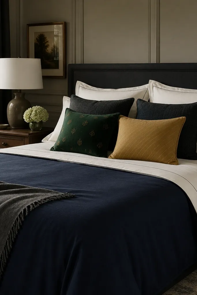 A navy duvet bed with a single accent pillow in deep green and another in warm gold. The pillows have subtle house-style patterns, like small diagonal stripes or crest-like motifs. The rest of the bedding stays cream and charcoal.