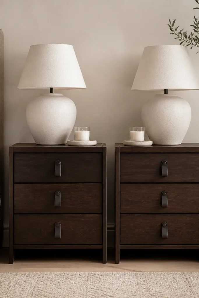 Two matching dark wood nightstands with simple drawers. The drawer pulls look like dark leather straps. Each nightstand holds a cream lamp and a small tray with a candle.