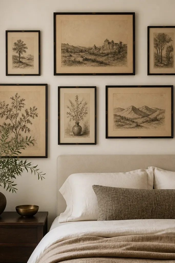 A gallery wall above and beside a bed made of 6-8 frames. The prints look like aged parchment with dark ink sketches. Frames are black and thin with some brass accents. The wall is painted an off-white warm tone.