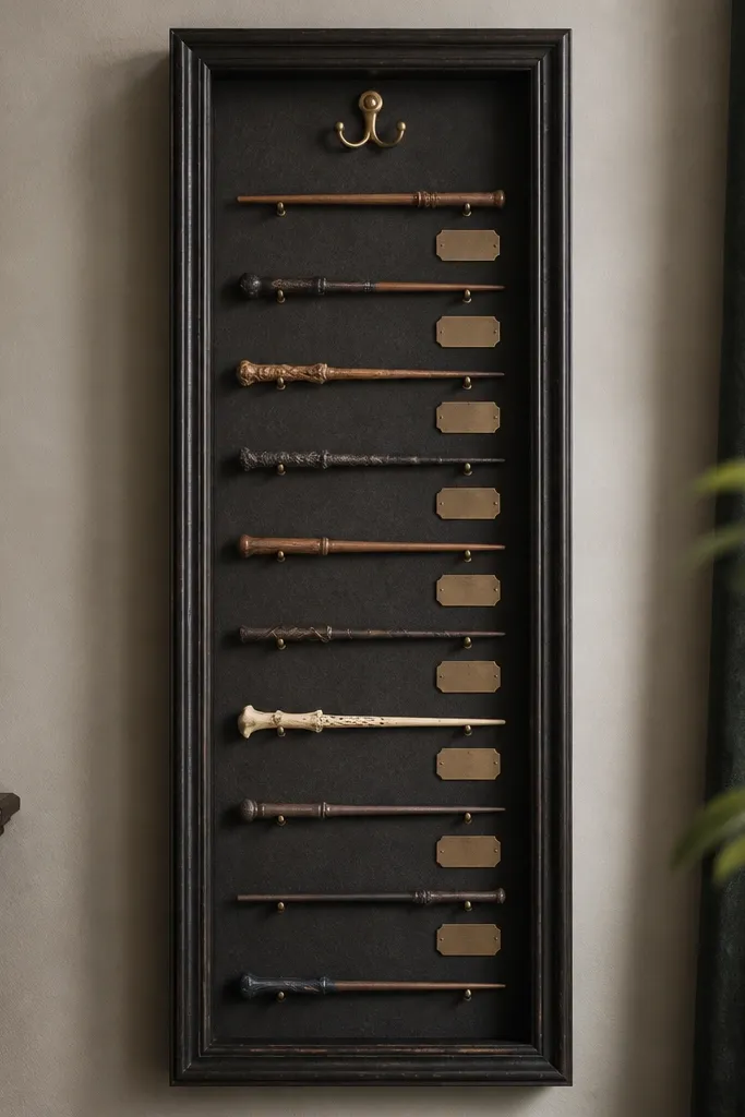 A tall vertical shadowbox display mounted on the wall. Inside, multiple wand-like objects are arranged in a neat row with small tags. The background is dark charcoal felt, and the top has a small brass hook detail.