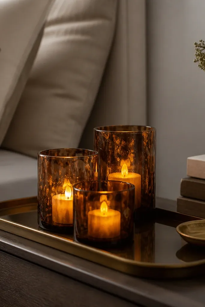 A cluster of amber glass candle holders on a bedside tray. Inside are flickering LED candles with warm light. The surrounding decor includes a small brass tray and a stack of books.