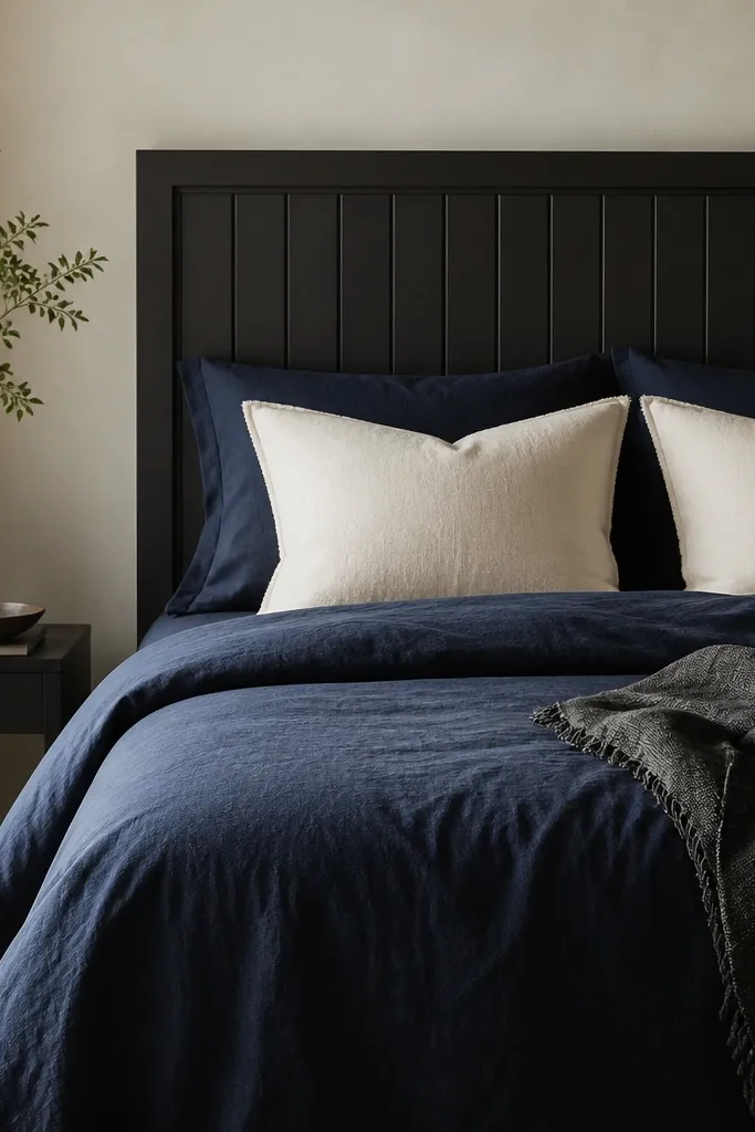 A bed with a headboard that has vertical carved panel lines. The headboard is in dark charcoal or espresso. The bedding is navy with cream pillows, and there's a simple dark throw blanket at the side.