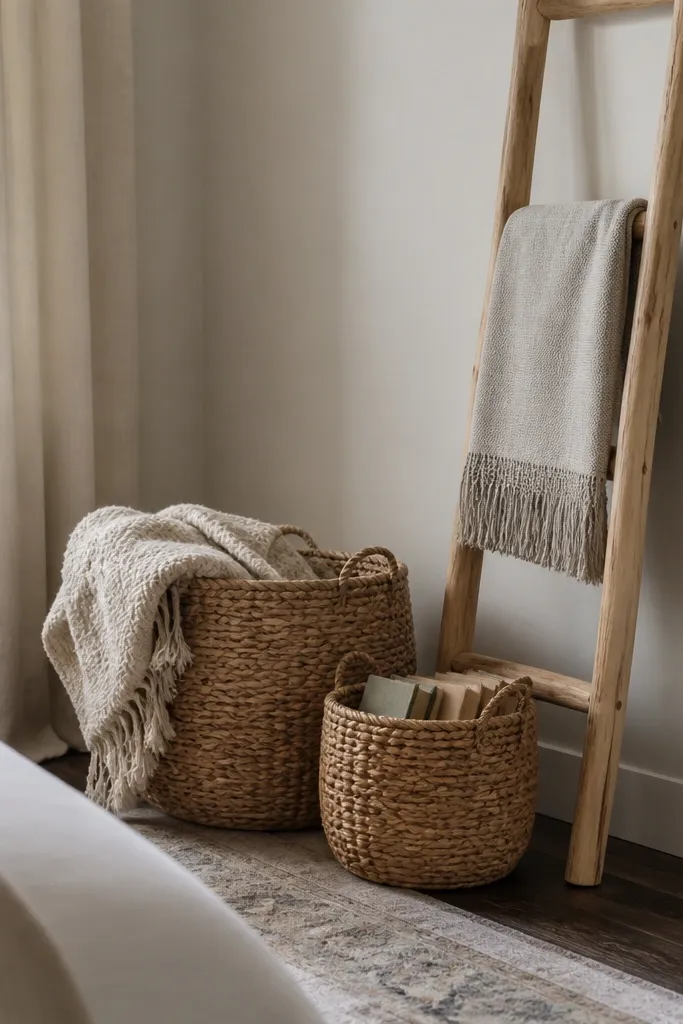 A corner of the bedroom with two woven baskets on the floor. One basket is for blankets, one for books. A small wood ladder leans against the wall with a folded throw hanging from it.
