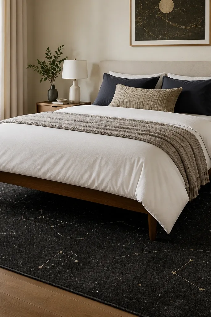 A large area rug under a queen bed. The rug is deep charcoal with faint star-like specks and a subtle pattern that looks like constellations. The rug edges are neatly bound, and the bed legs sit centered on it.