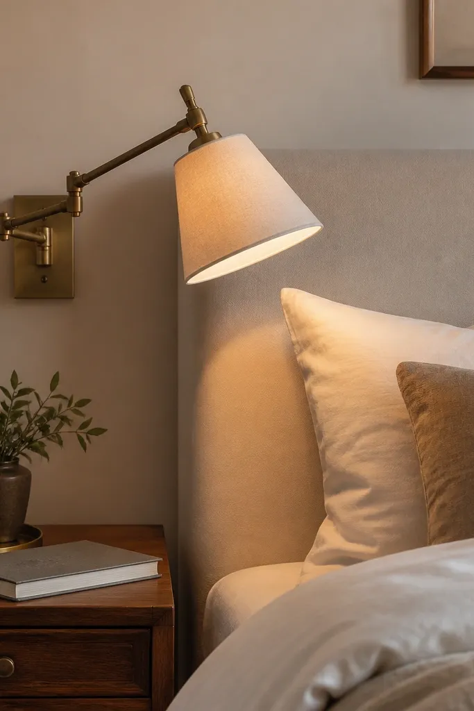 A swing-arm reading lamp mounted on the wall or beside a bed. The lamp shade is cream, and the light is aimed toward the pillow area. The nightstand has a small brass tray, a book, and a warm LED candle.