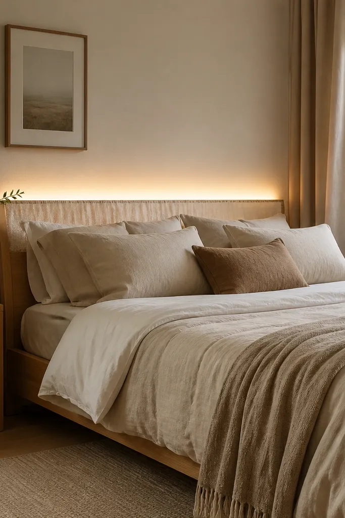 A small modern minimalist bedroom with a light wood bed. Warm white fairy lights are hidden behind a pale linen runner draped across the headboard frame, creating a soft halo glow at chest height. The wire is not visible, and the glow fades evenly into the wall.