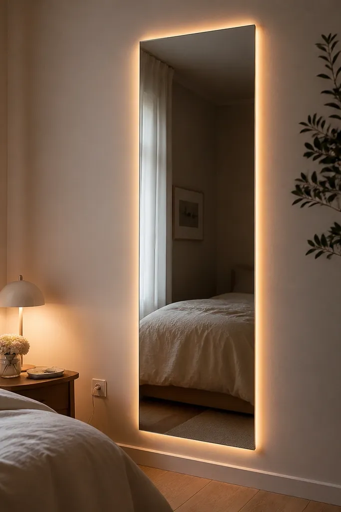 A tall frameless mirror on a bedroom wall. Warm white fairy lights are taped along the back perimeter so only a thin glow outlines the mirror edges. The cord is barely visible near the outlet or behind a slim nightstand.