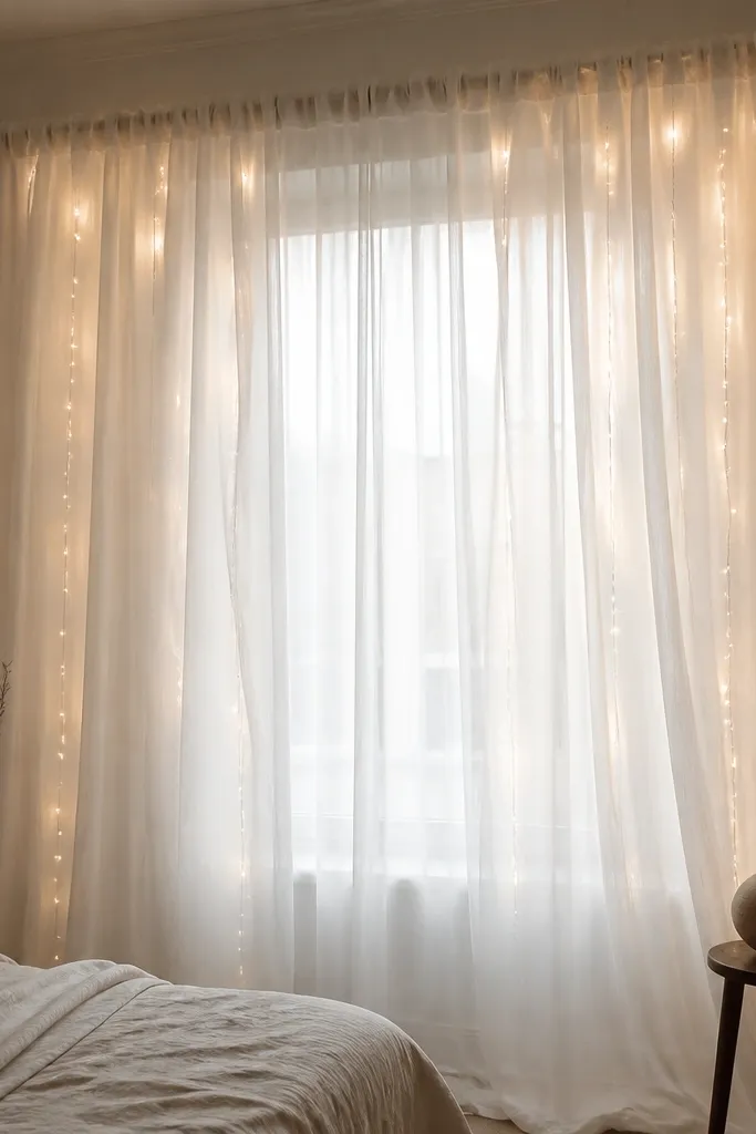 Sheer white curtains on a minimalist bedroom window. Fairy lights are clipped along the top curtain rod line behind the sheer fabric. The bulbs are hidden, and you see a soft vertical shimmer through the fabric, especially when the curtains move.