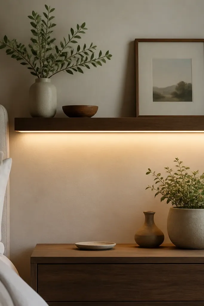A minimalist floating shelf above a nightstand. A fairy light rope is hidden under the shelf lip, creating a thin continuous warm glow that lights the wall and the top of the nightstand.