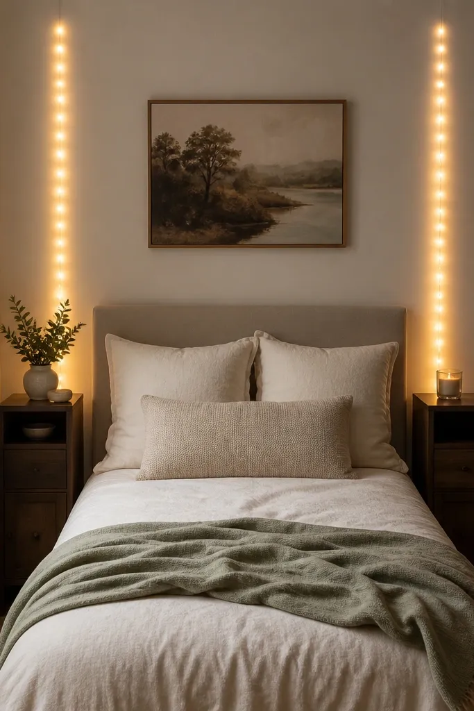 A narrow bed with two slim nightstands. Two warm white fairy light strands run vertically from behind each nightstand up to the headboard area. The wire is hidden behind the nightstands and looks like soft columns of light.
