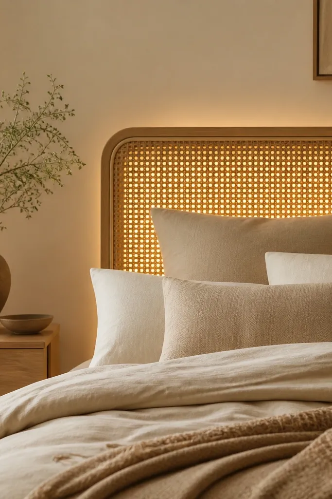 A bedroom with a rattan headboard. Warm white fairy lights are placed behind the rattan slats, and a thin off-white mesh panel helps soften the glow. The bulbs are hidden, and the light spreads through the texture.