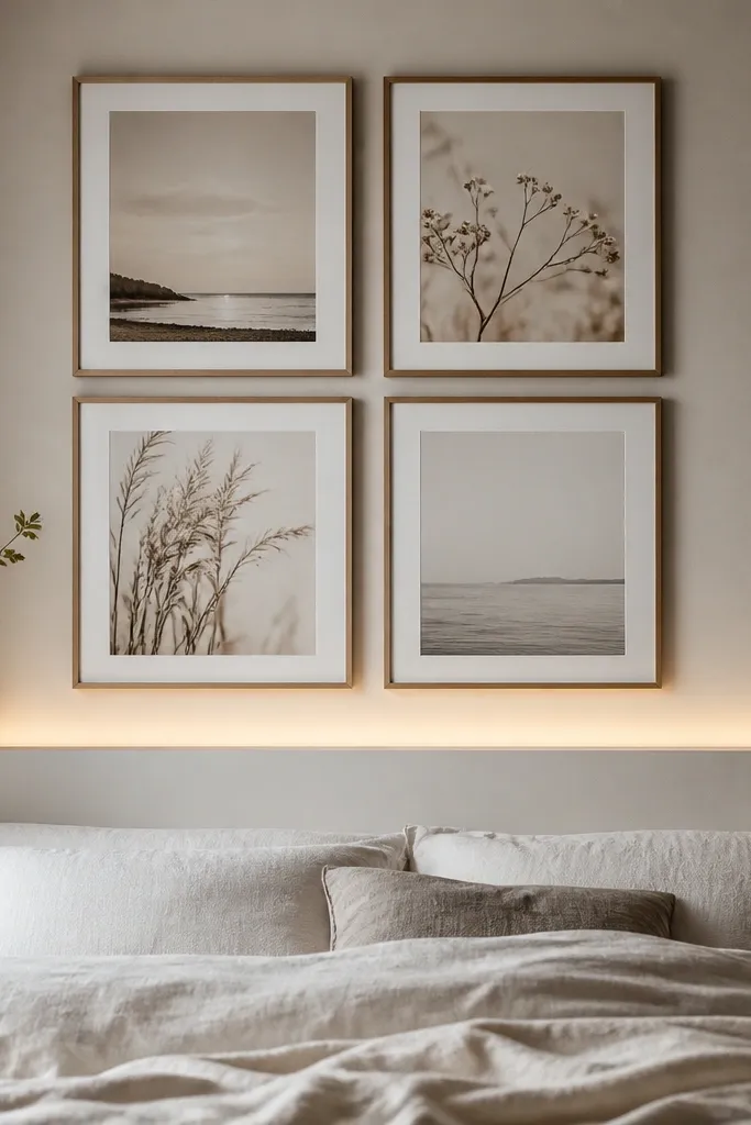 A wall with a few framed prints in a minimalist grid. A shallow ledge runs under them, and warm white fairy lights are hidden under the ledge to create a soft glow around the frames.