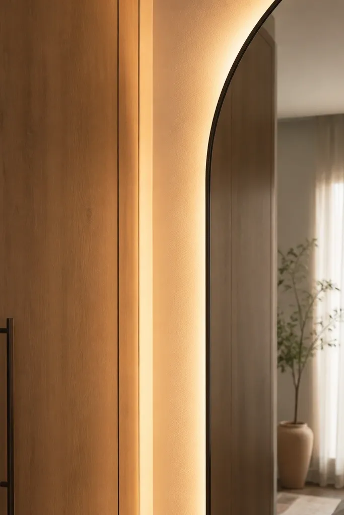 A small corner where a wardrobe meets a wall mirror. Fairy lights are placed in the narrow gap behind the mirror edge, creating a subtle glow that outlines the corner without showing the wire.