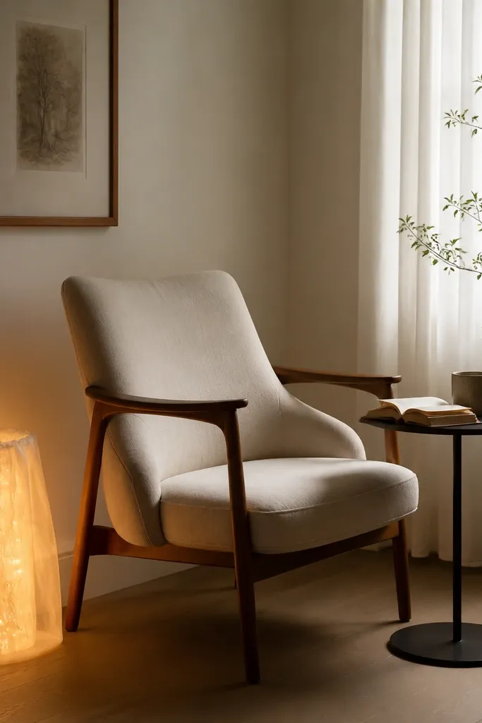 A minimalist reading nook: one chair, a slim side table, and a fabric lamp shade. Fairy lights are placed inside a sheer fabric shade cover so the glow spreads softly around the base.