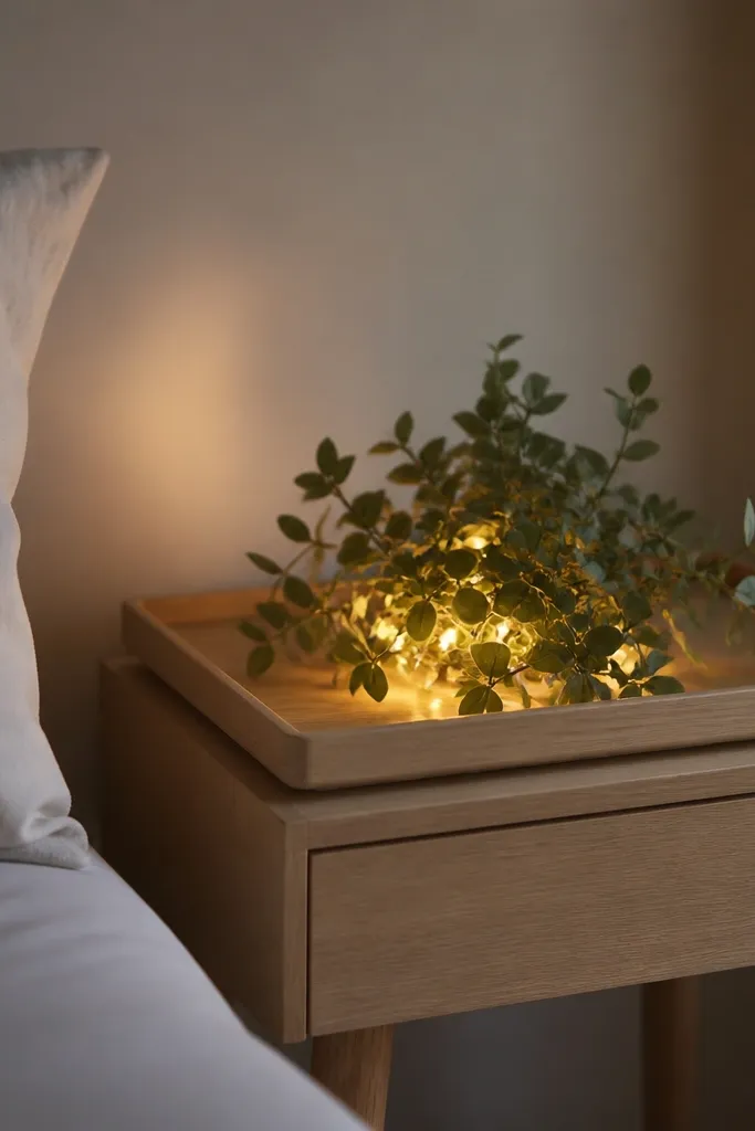 A minimalist nightstand with a shallow tray. A small cluster of warm white fairy lights is tucked behind a low plant on the tray, lighting the leaves gently. The wire is hidden under the tray lip.