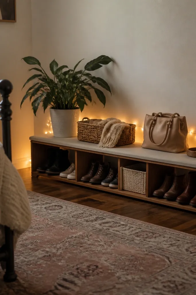 A bedroom corner near the footboard with a small shoe bench or low storage. Fairy lights run horizontally along the wall behind the bench, creating a low "step" glow that outlines the storage area.