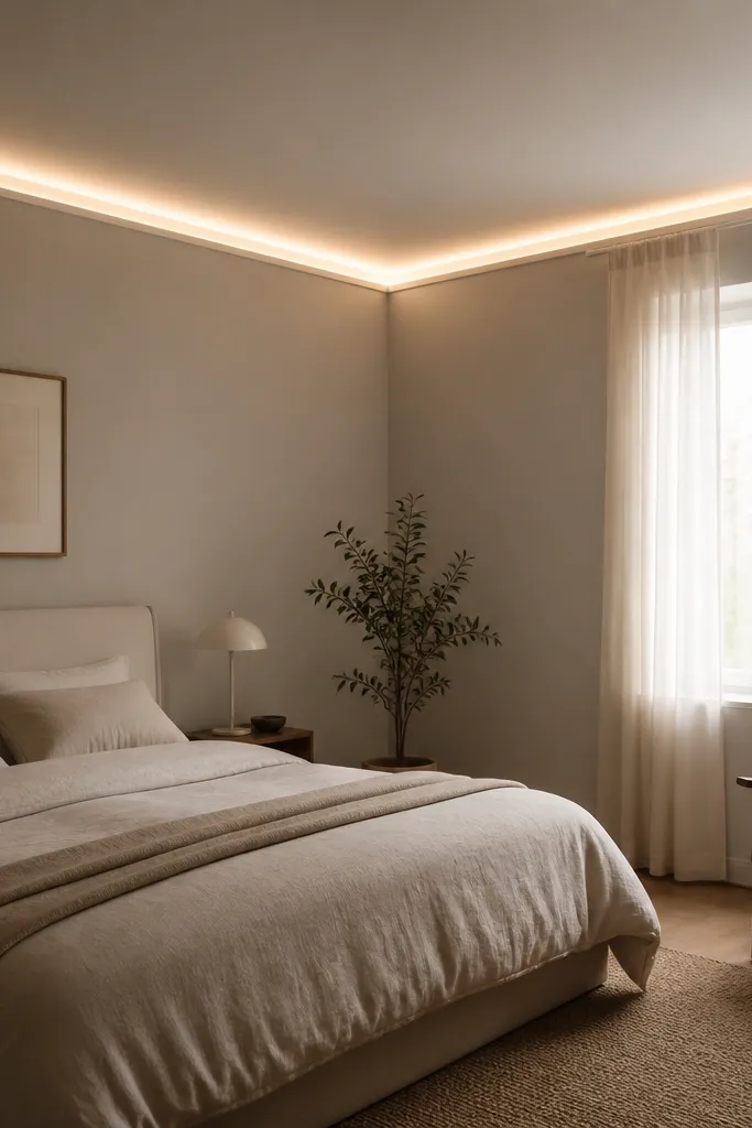 A minimalist bedroom with a simple ceiling edge. Fairy lights run around the top perimeter just under the ceiling line, hidden behind a thin ledge or track. The light forms a soft, even band around the room.