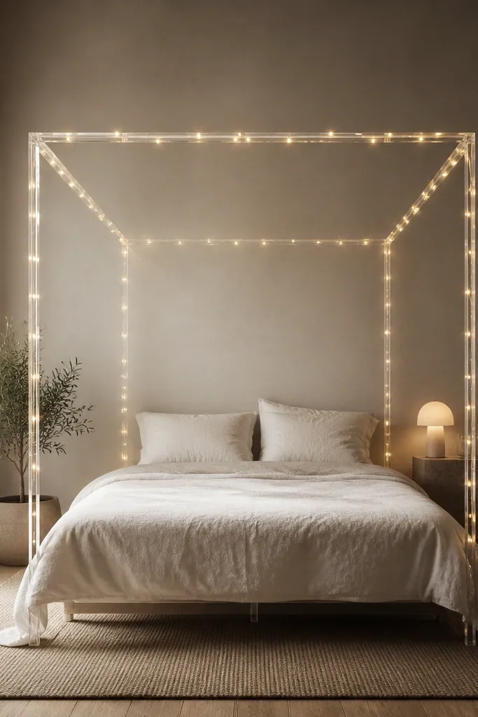 A minimalist bed with a simple canopy frame. Warm fairy lights are woven around a thin transparent acrylic rod frame above the bed, creating a gentle outline. The wire is hidden behind the clear rods.
