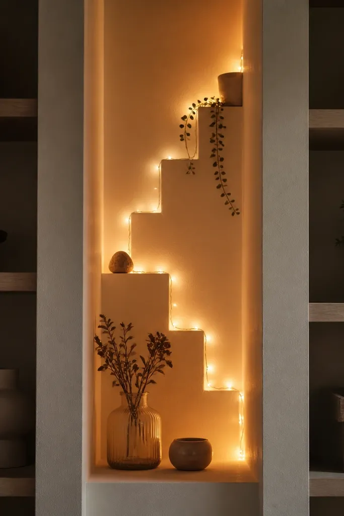 A narrow wall niche between two shelves. Fairy lights are arranged in a stair-step pattern along the back wall and shelf edges, creating a warm glow that fills the niche without lighting the whole room.
