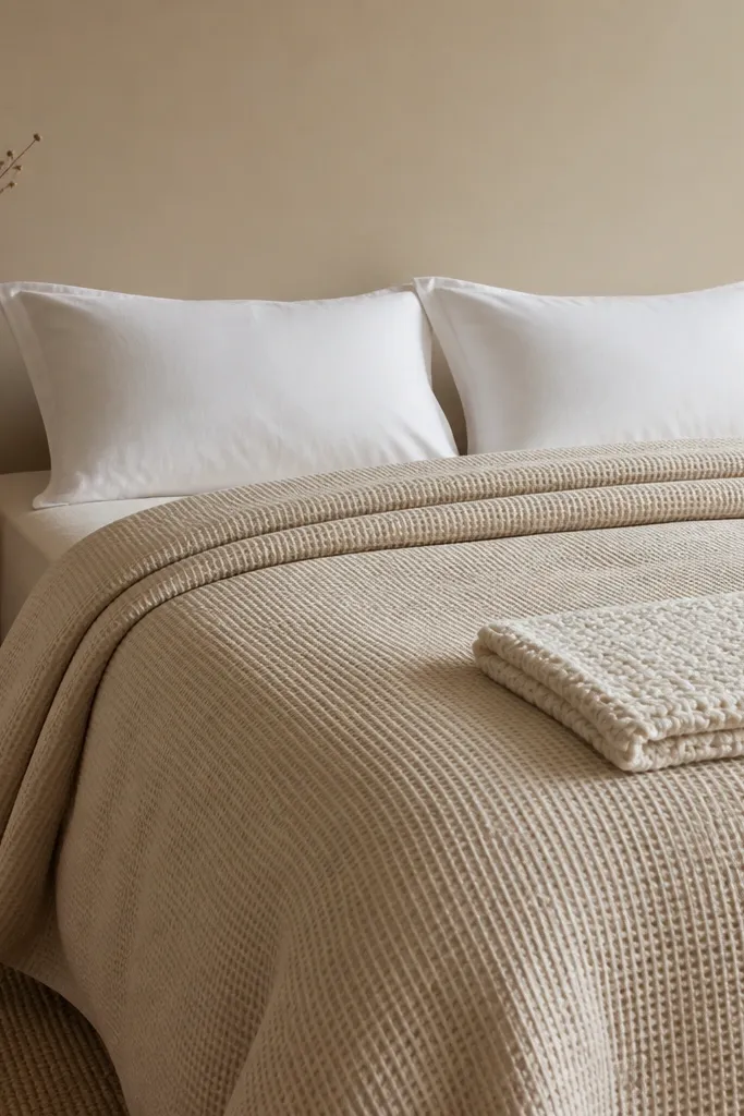 A bed styled with an oatmeal comforter that has a visible waffle texture, a cream fitted sheet, and two white pillow shams. A small knitted throw is folded at the foot. The wall behind is plain beige.