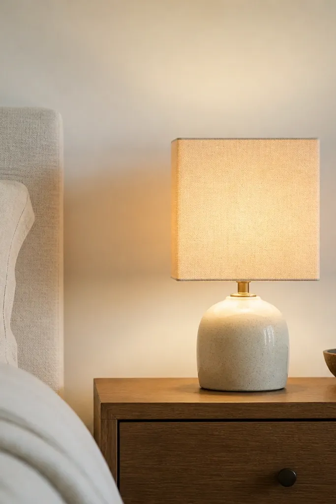A bedside table with a small ceramic lamp. The bulb is warm (soft amber glow) and the shade is a light linen rectangle. A plain off-white wall sits behind the lamp.