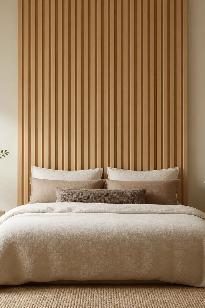 A bed with a headboard-less look. Behind it is a removable vertical wood slat panel in light oak tones, centered on the bed. The rest of the wall is plain beige.