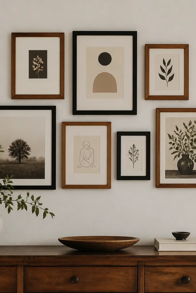 A small gallery wall above a dresser with 7 thrift frames in matching black and warm wood. Inside are simple prints and one photo. The frames are aligned with a gentle grid.