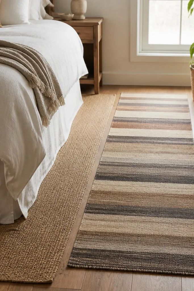 A bedroom floor with a light jute rug partially under a bed and a flatweave runner in stripes placed lengthwise in the center. The bed skirt is simple.
