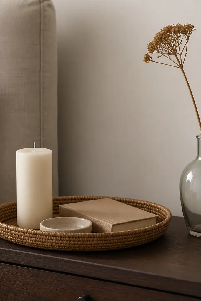 A bedside table with a woven tray holding a tall cream candle, a small dish, and a book. A glass vase with a single dried stem sits next to the tray.