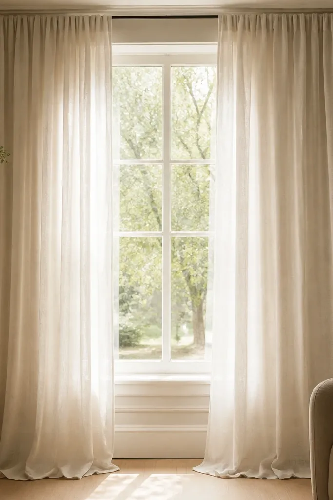 A window with ceiling-to-floor curtain panels in linen-look off-white. The rod is mounted close to the ceiling and the curtains pool slightly on the floor.