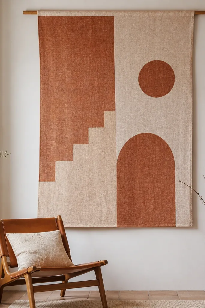 A large fabric wall hanging in muted terracotta and cream hangs from a simple wooden dowel. It's centered on a blank wall above a chair.