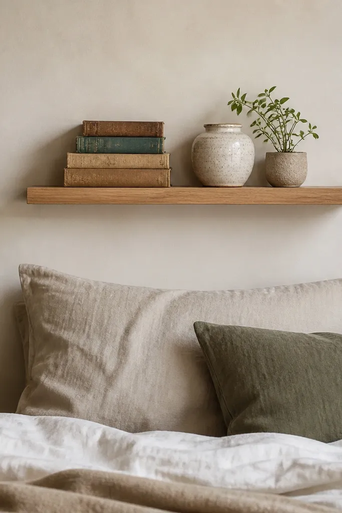 A small floating shelf above the bed with stacked thrift books, a ceramic jar, and a tiny potted plant. The shelf is light wood and sits level.