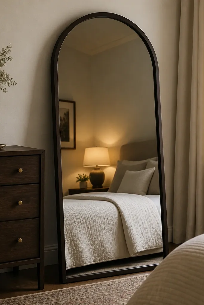 An arched mirror with a dark frame leaning against a wall near a dresser. Reflections show the lamp light and part of the bed.