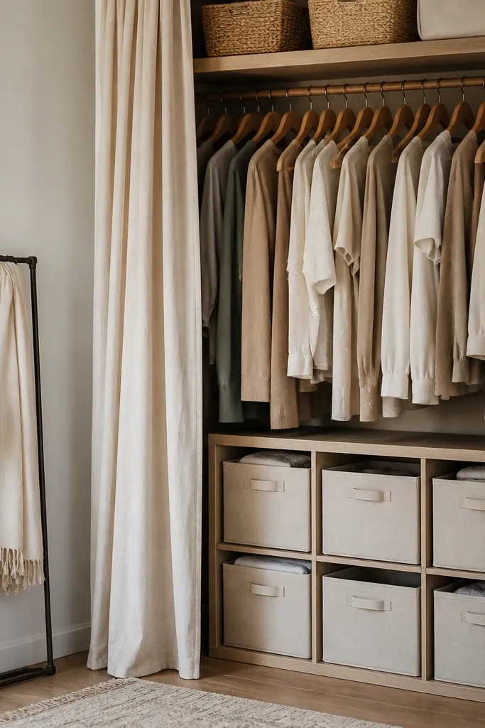 A closet area with uniform hangers in neutral tones and a fabric storage cube with labeled bins. A curtain rod or simple rack sits near the closet opening.
