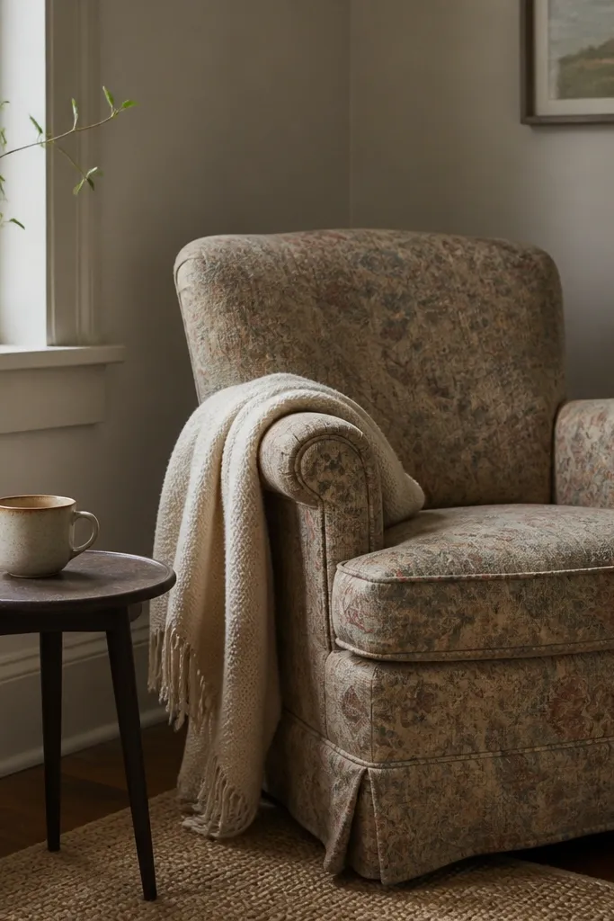 A small corner with a thrift armchair upholstered in a muted pattern. A cream throw blanket is draped over the arm and a small side table holds a ceramic cup.