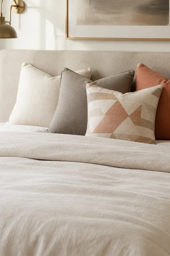 A bed with three solid pillows in cream, warm gray, and terracotta, plus one square pillow with a simple geometric print. The comforter is oatmeal.