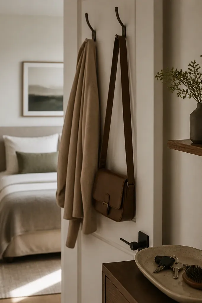 Behind the bedroom door there are two wall hooks and a small wall-mounted shelf. A catch-all tray sits on a low surface with keys, a hairbrush, and a small perfume bottle.