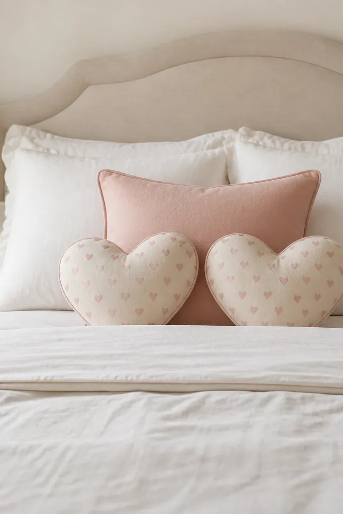 A bed styled with three pillows: two small heart-pattern pillows in blush pink and cream, and one solid blush backing pillow behind them. The pillows sit centered, with a neatly folded edge on the top pillow and a slight stagger so the hearts are visible without covering everything.