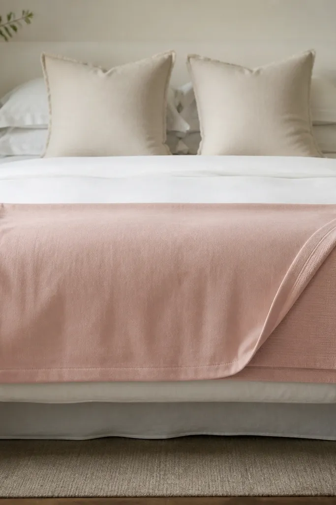 A soft blush brushed-cotton throw draped over the foot of a bed. The blanket is folded halfway lengthwise, creating a clean edge that shows a smooth front and a slightly textured underside. The throw sits centered, with the corners resting evenly on both sides.