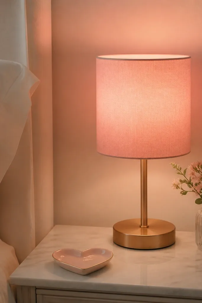 A bedside lamp with a warm white bulb inside a blush-pink fabric lampshade. The shade is centered on the lamp base, and the light creates a soft pink glow on the wall behind it. A small heart-shaped dish sits on the nightstand near the lamp.