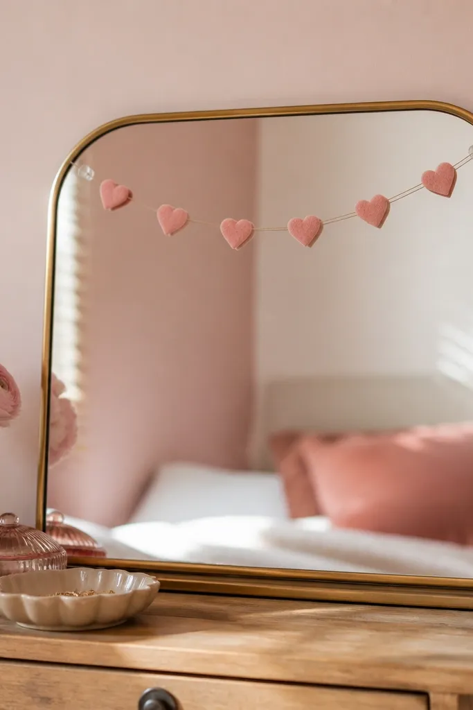 A small mirror on a dresser with a thin heart garland draped across the top edge. The garland is held in place with clear Command-style clips so it looks tidy. Hearts are evenly spaced, and the mirror reflects the pink tones from the room.