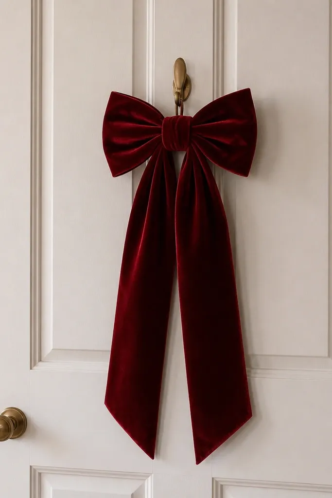 A deep red velvet bow hanging over a bedroom door hook. The bow has two long tails and sits centered about chest height. The fabric looks plush and catches light, and the door is otherwise bare.
