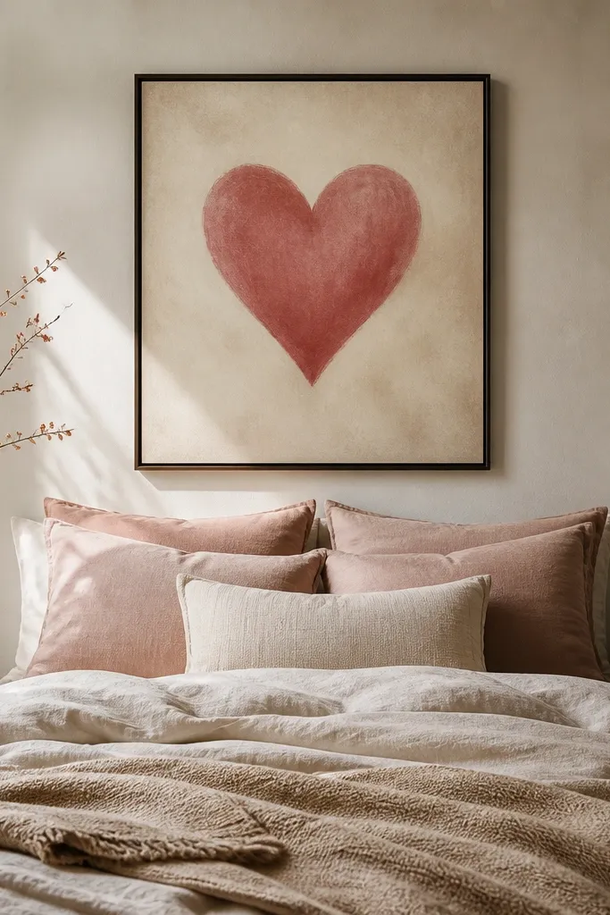 A framed heart print above the bed. The frame is thin black or dark wood, and the print shows a soft red heart with cream background and faint vintage texture. The bed below has blush pillows and a neutral duvet.