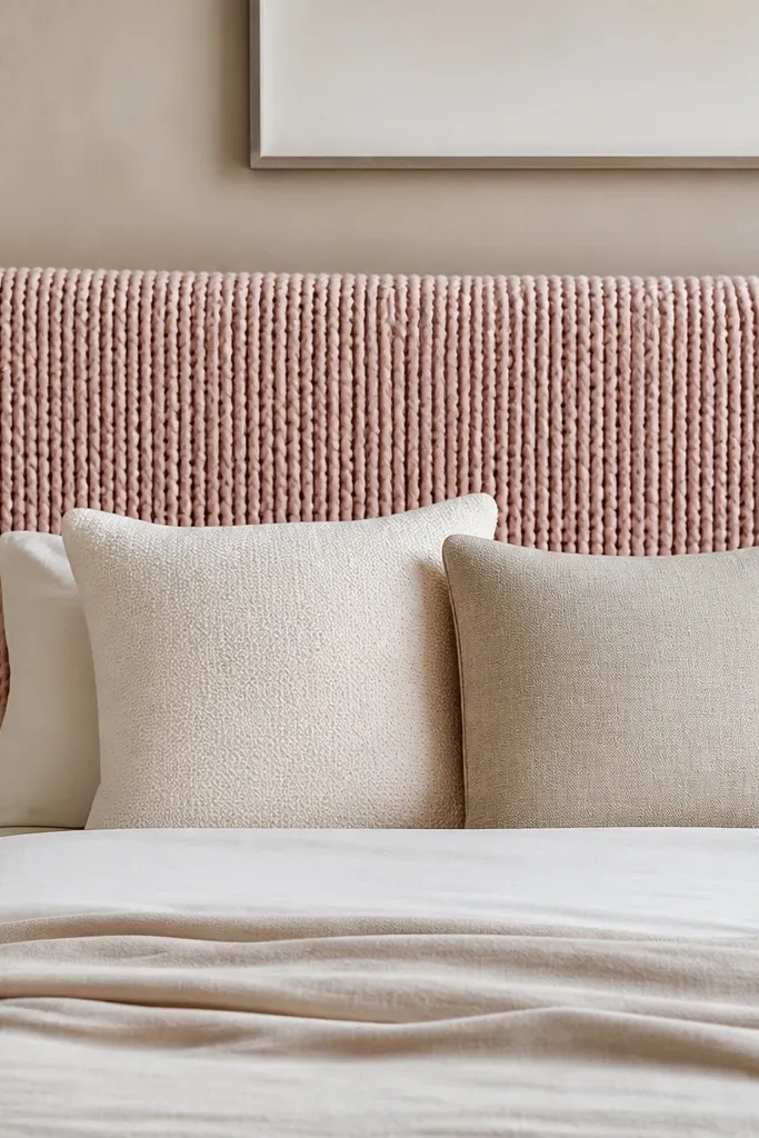 A blush knit fabric runner laid across the top of the headboard area. The knit has visible loops and a cozy texture. Two small neutral pillows sit in front, and the runner's edges align with the headboard width.