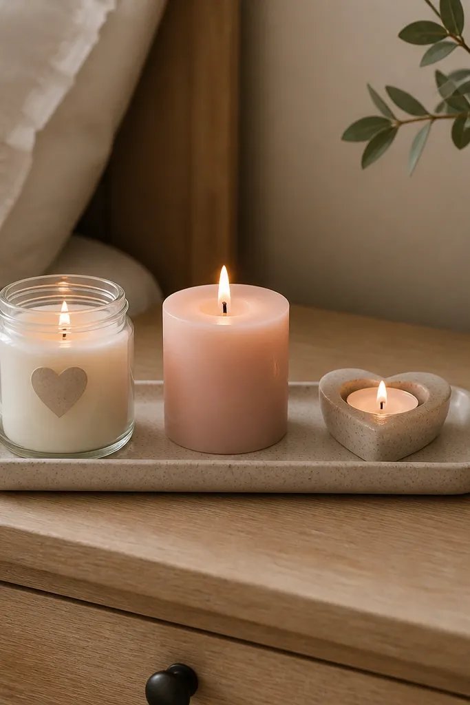 A small tray on a nightstand holding three candles: one in a clear glass jar with a small heart label, one blush pillar candle, and one tiny tea light in a heart-shaped holder. The tray is centered and the candles are spaced evenly.