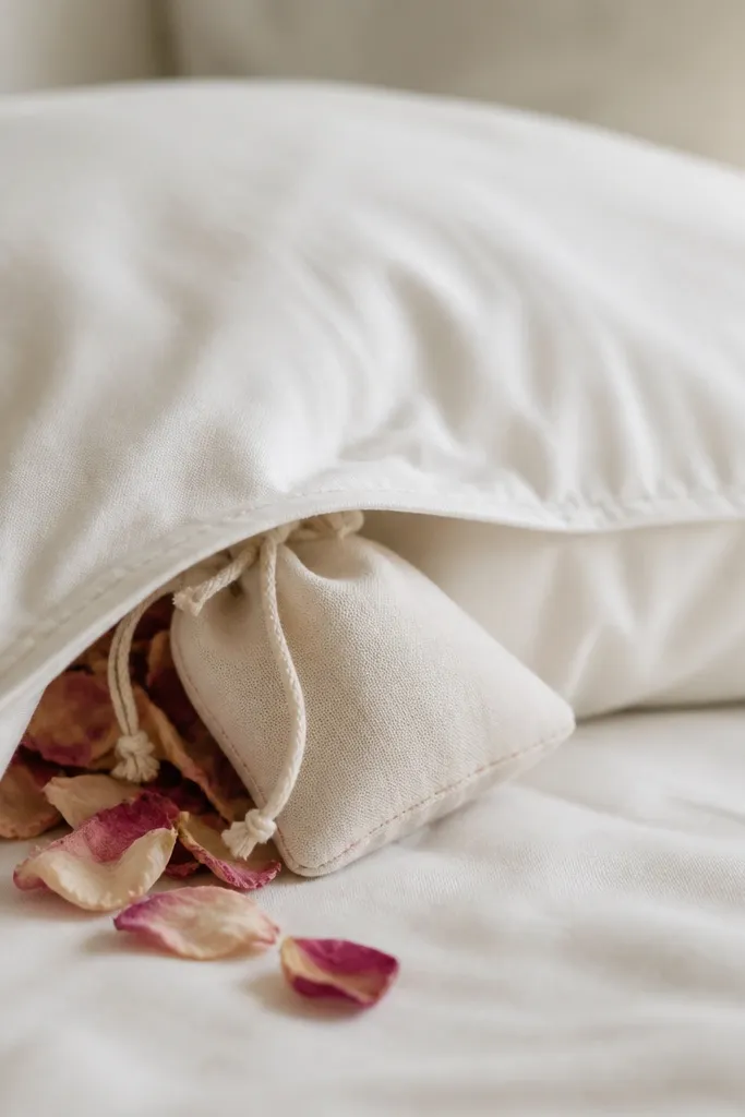 A small muslin sachet with blush rose petals tucked into the corner of a bed pillowcase. The sachet has a stitched drawstring and sits partially visible near the front seam. The pillowcase is white or cream.