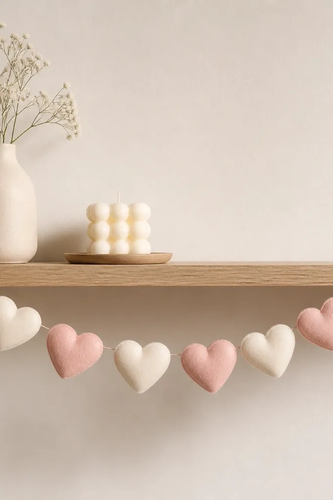 A garland made of two heart colors - blush and cream - draped along a wall shelf edge. The hearts are evenly strung, and the shelf holds a few minimal items: a small vase and one candle. The garland looks tidy and not overcrowded.