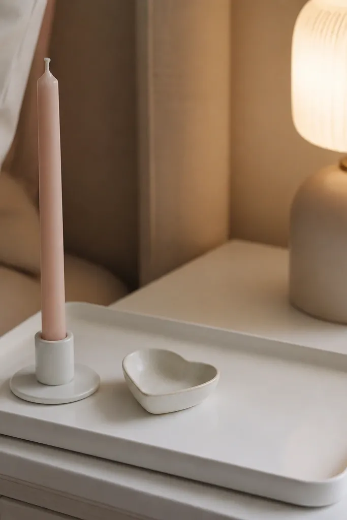 A clean white tray on a nightstand holding one blush taper candle in a simple holder. A small heart-shaped dish sits beside it, and the rest of the tray is empty space. The lamp glows warm in the background.