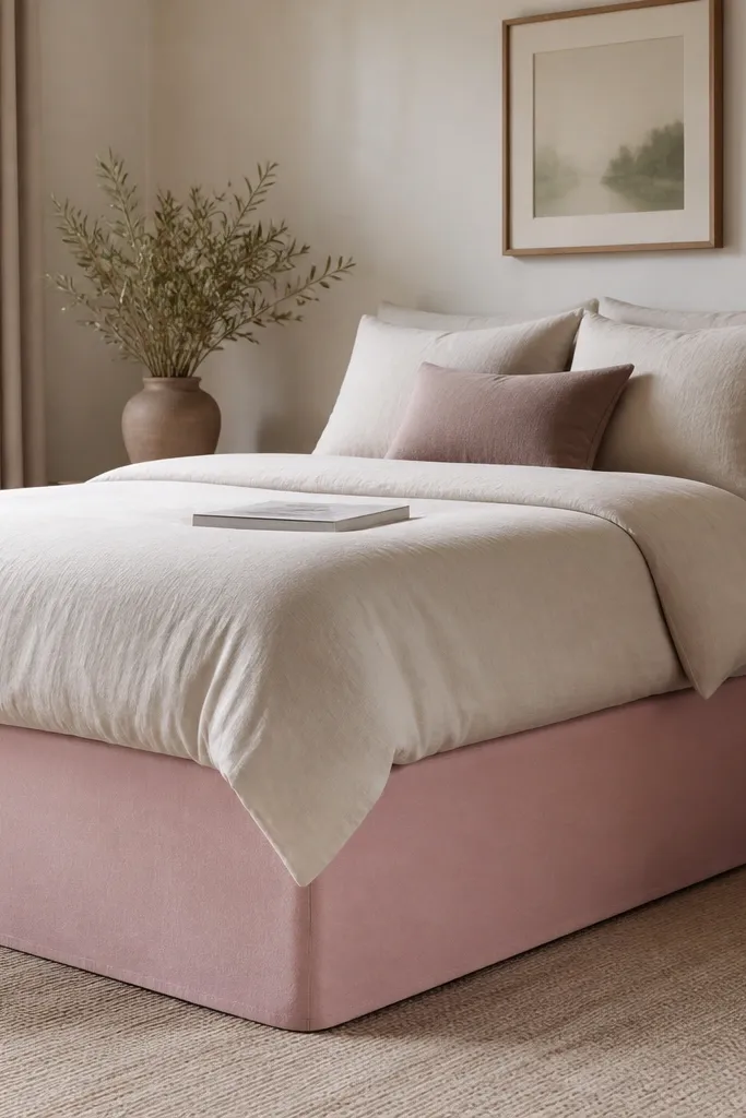 A bed with a neutral duvet and a fitted bed skirt in rose-pink. The skirt is clipped smoothly along the top edge, with no wrinkles. The fabric drapes evenly around the bed frame, and the color reads soft near the floor.