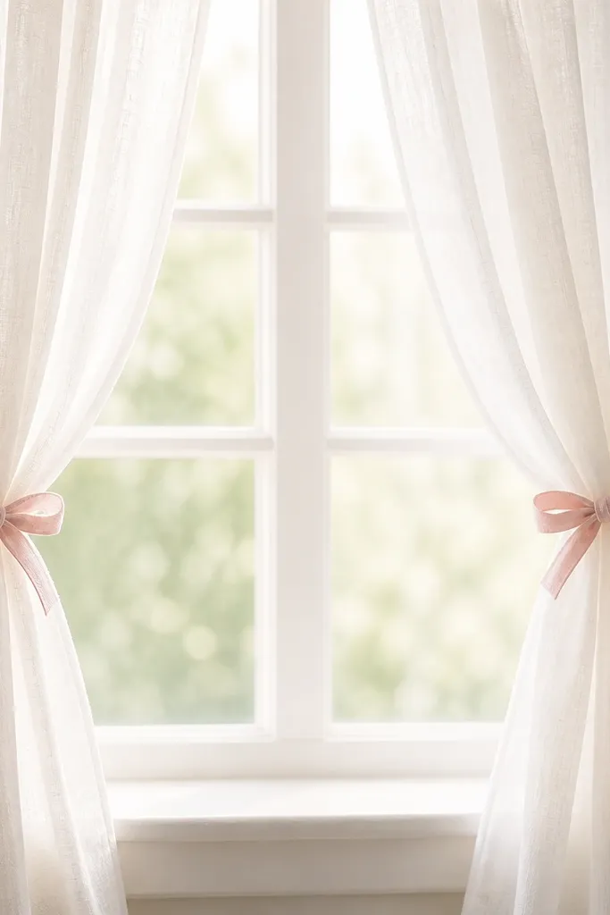 Curtains tied back with two small blush pink bows made from fabric hair ties or ribbon loops. The bows sit symmetrically on either side of a window. The curtains are sheer white or light cream, and the window light makes the bows look soft.